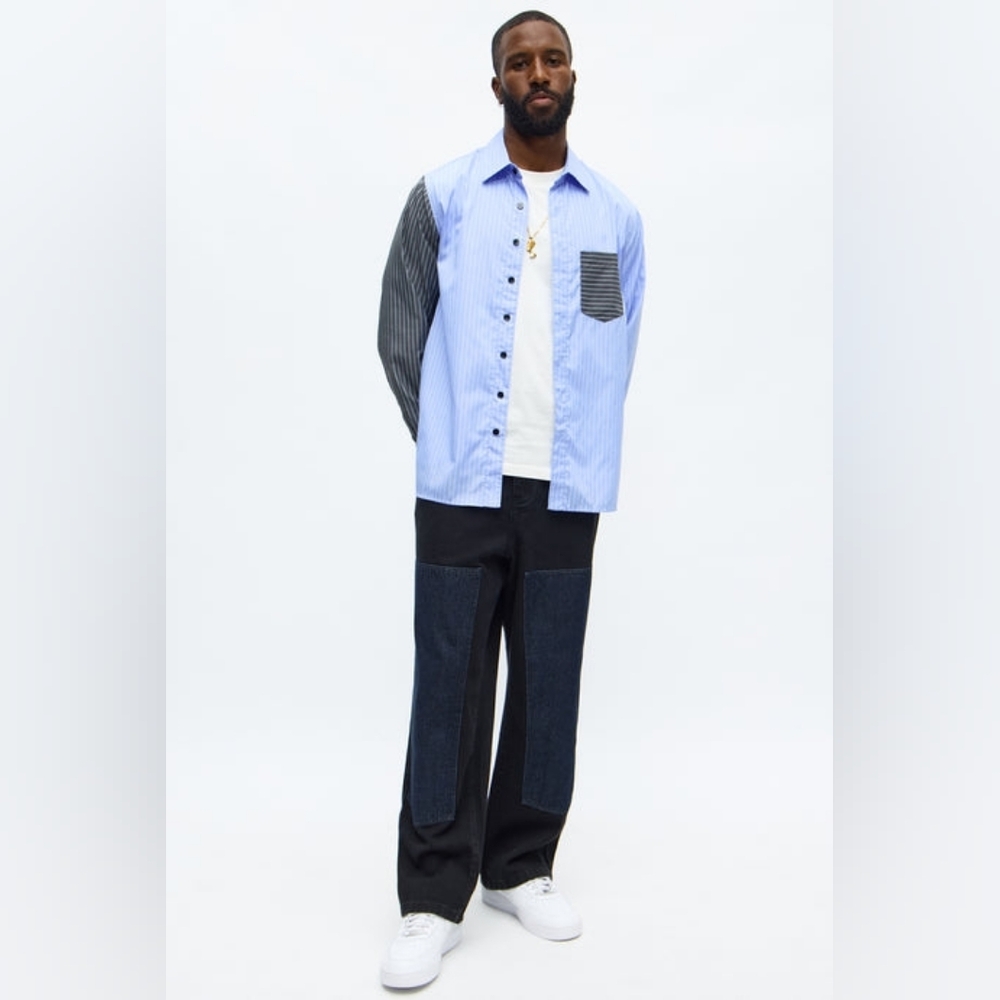 Split Up Pinstripe Colorblock Button Down Shirt